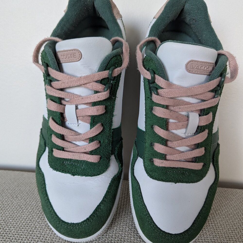 Lacoste Green and White T-clip Sneaker, Size 7.5